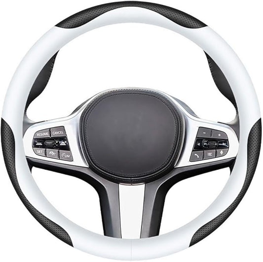Carodi Leather Car Steering Wheel Cover, Elegant, Fashionable, Comfortable, Non-Slip, Breathable, Universal 15 inch, Black and White