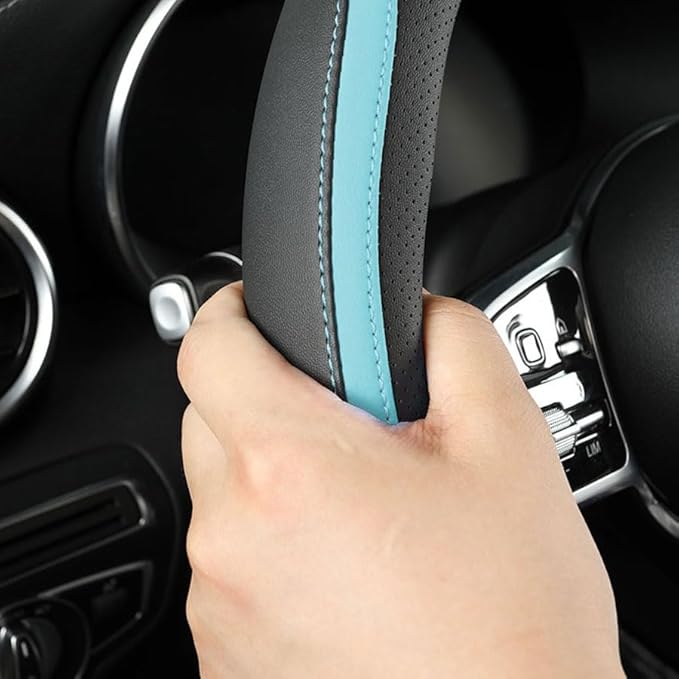 Car Steering Wheel Cover, Leather Steering Wheel Cover Blue Universal 14.5-15 Inch Microfiber Leather Anti-Slip Breathable Auto Steering Wheel Covers for Men Women (Black&Blue)