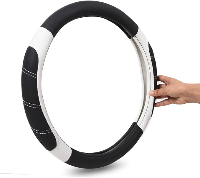 CAR PASS Line Rider Microfiber Leather Sporty Steering Wheel Cover Universal Fits for 95% Truck,SUV,Cars,14.5-15inch Anti-Slip Safety Comfortable Desgin (Black-White)