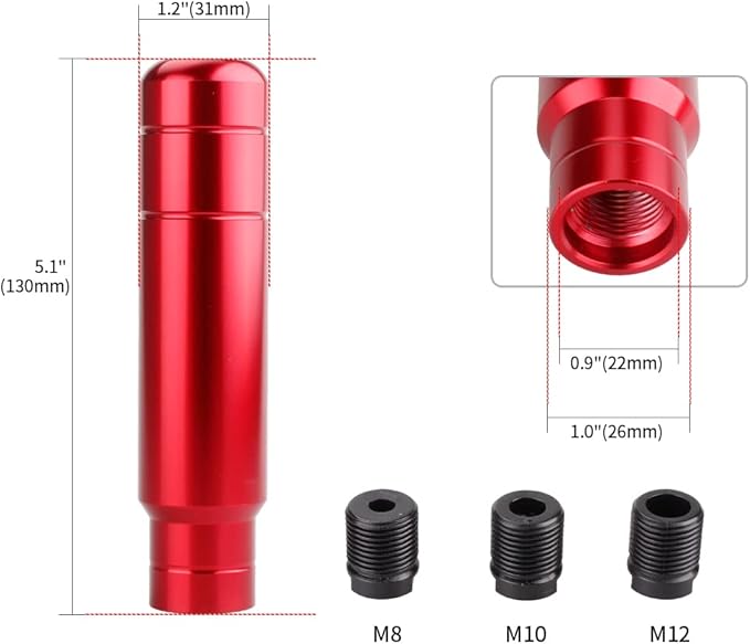 BARTOO Aluminum Alloy Heavy Weighted Shifter Knob, 5" Auto Gear Shift Knob, Car Gear Lever Stick Shifter Handle,with 3 Threaded Adapters M8 M10 M12,Fit Most Automatic Manual Vehicle(Red)