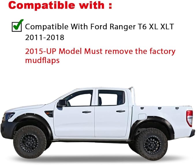 PIT66 Fender Flares, Compatible With 2011-2018 Ford Ranger T6 (2015-2018 Model Must Remove Factory Mudflaps) Paintable Smooth Matte Pocket Riveted Style Wheel Flares, 4PCS