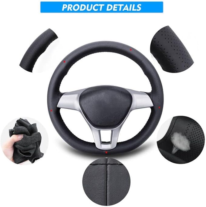 Carodi Leather Steering Wheel Cover, Breathable Non-Slip Design, Soft and Comfortable Feeling, Universal 15 Inch Auto Car Steering Wheel Stitch on Wrap（Size M+, Black）