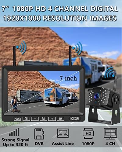 Wireless RV Backup Camera, DOUXURY IP69 Waterproof 170° Wide View Angle HD 1080P Rear View Camera + HD LCD 7" Monitor, Digital Wireless Camera System for RV Truck 5th Wheel Trailer Pickup Camper Bus