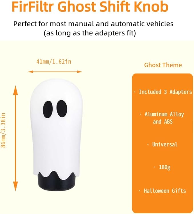 Universal Ghost Gear Shift Knob with 3 Threaded Adapters M8 M10 M12,Fits for Most Vehicles,Spooky Car Accessories Funny Gear Shifter Handle On Halloween (Ghost-White)