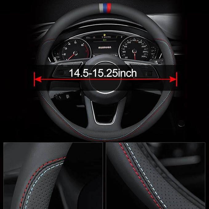Carodi Latest Nappa Leather car Steering Wheel Cover, Stylish Non-Slip Leather car Interior 15 inches Universal Black(red and Blue Signs)