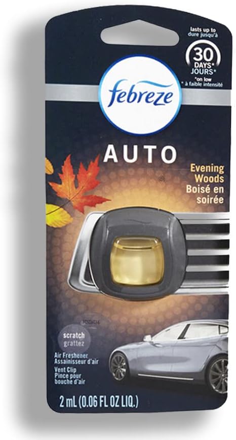 Febreze Car Vent Clip Air Freshener, Odor Eliminator for Strong Odors, Up to 30 Days Freshness, Evening Woods