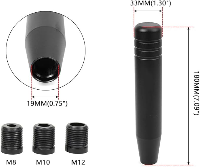muge racing Universal Shift Knob with M8/M10/M12 x 1.25 Adapters, Heavy Duty Gear Shifter Handle for Most Vehicles, Easy Installation, Aluminum Alloy Non-Slip Grip, 7.09 Inch, Black