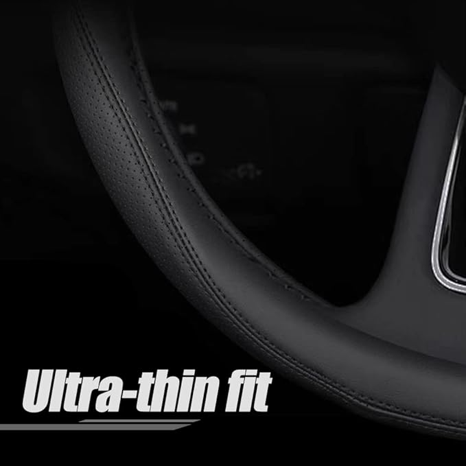 Carodi Latest Nappa Leather car Steering Wheel Cover, Stylish Non-Slip Leather car Interior 15 inches Universal（Black）