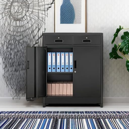 Metal Storage Cabinet, 36" H Locking Storage Cabinet with Two Drawers and Adjustable Shelf, Metal Cabinets for Office, Garage, Home-Black