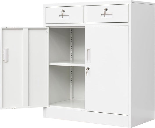 Metal Storage Cabinet, Locking Storage Cabinet with Adjustable Shelf, 36" H Metal Cabinets with Two Drawers for Office, Garage, Home-White