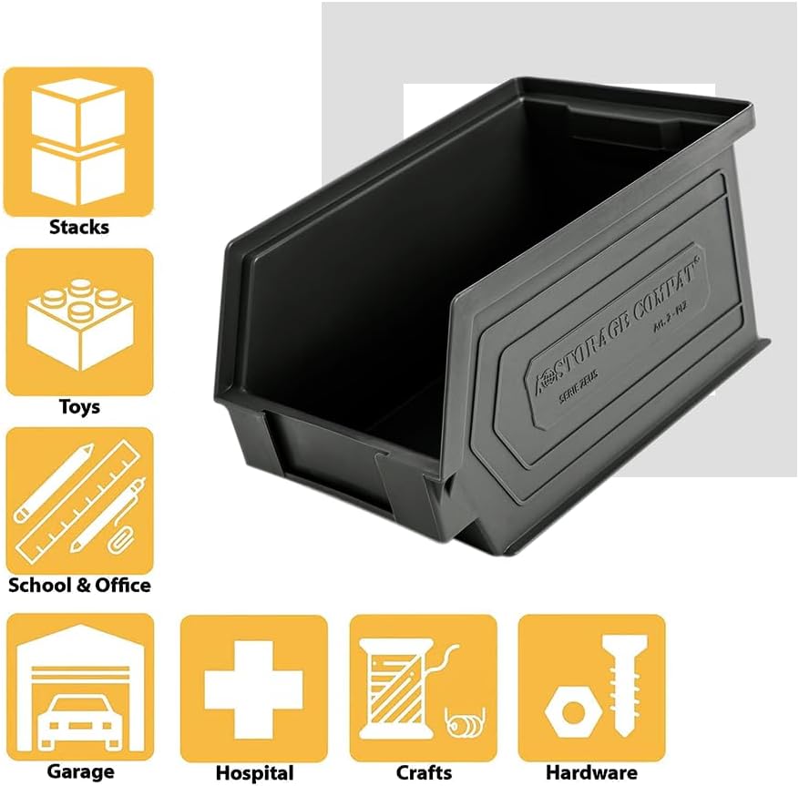 Plastic Storage Bins, Hanging, Stackable, Storage Organizer Bin for Warehouses, Workshops 9-Inch x 5-Inch x 5-Inch, Black, 12-Pack