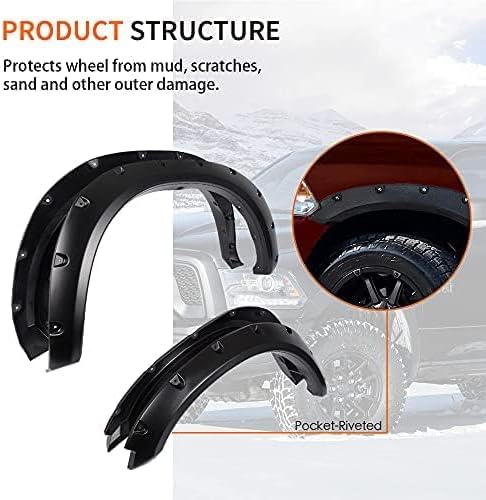 G-PLUS Fender Flares, Compatible with Dodge Ram 1500 2009-2018, Compatible with Dodge Ram 1500 Classic 2019-2022(Excludes R/T and Rebel Models),Paintable Smooth Matte Black Pocket Riveted Style