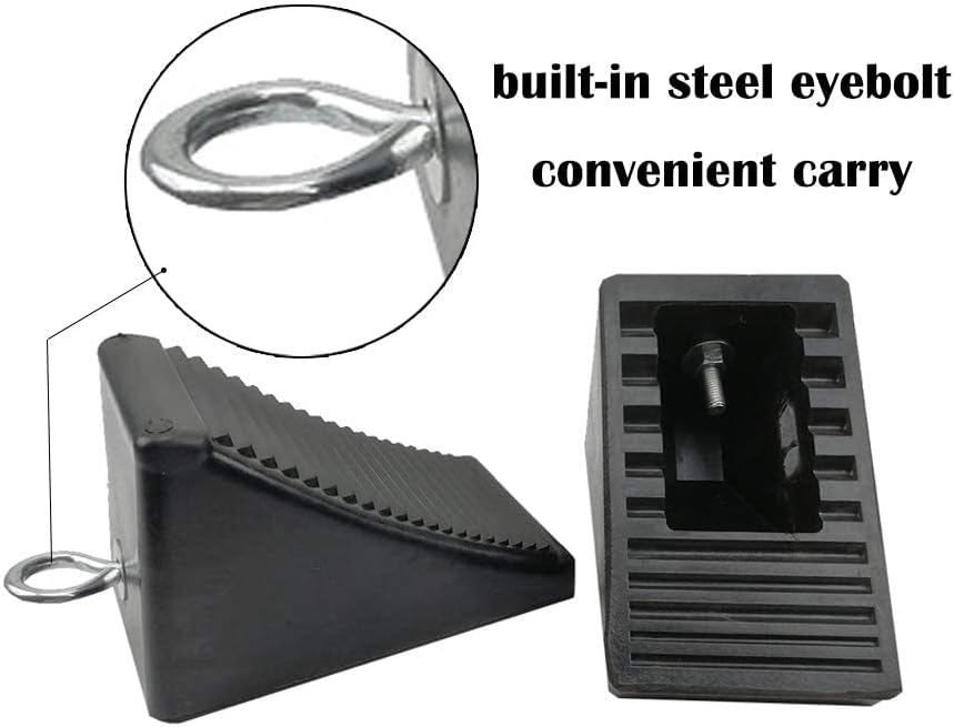 ROBLOCK Heavy-Duty Rubber Wheel Chocks with Eyebolt for Cars, RVs, Trucks, Trailers, and Vehicles, 2 Pack Anti-Slip Design Chocks Black Wheel Wedge, (6.5" x 3.75" x 4"), 2 Pcs