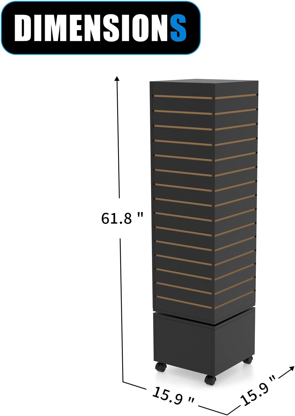 WISDOMFUR Rotating Slatwall Display Rack – 16"x16"x60" Black Spinning Tower with Wheels – Retail Display Fixture for Accessories, Hooks & Shelves