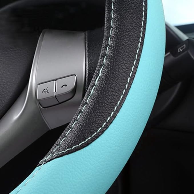 Leather Car Steering Wheel Cover, Non-Slip Car Wheel Cover Protector Breathable Microfiber Leather Universal Fit for Most Cars (Blue)