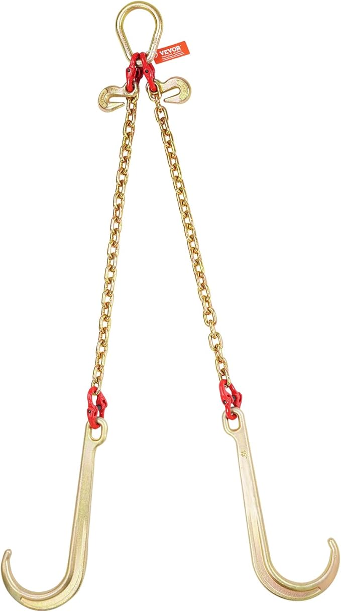 VEVOR G80 V Bridle Chain, 5/16" x 2' Towing Chain Bridle with 15" J Hooks and Grab Hooks, Heavy Duty Transport Tow Chain Bridle with 10800 lbs Safe Working Load for Flatbed Truck Wrecker Recovery