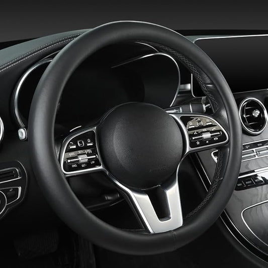 Cowhide Steering Wheel Cover Heat Resistant Anti-Slip Car Wheel Wrap Compatible with Most Makes and Models of Cars and Trucks with 14.5 to 15 Inch Steering Wheel (Black-1)