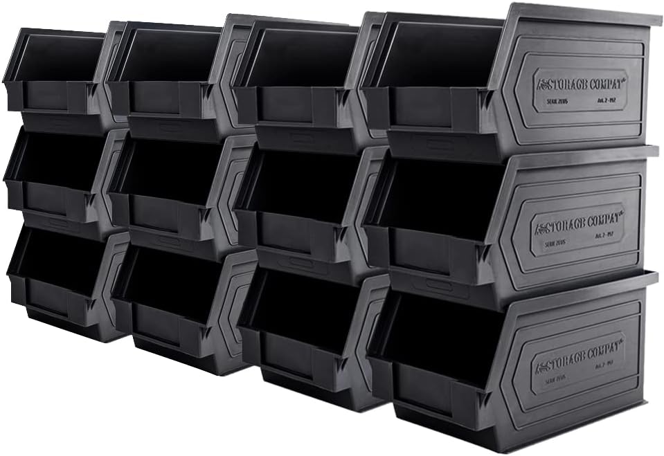 Plastic Storage Bins, Hanging, Stackable, Storage Organizer Bin for Warehouses, Workshops 9-Inch x 5-Inch x 5-Inch, Black, 12-Pack