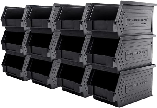 Plastic Storage Bins, Hanging, Stackable, Storage Organizer Bin for Warehouses, Workshops 9-Inch x 5-Inch x 5-Inch, Black, 12-Pack