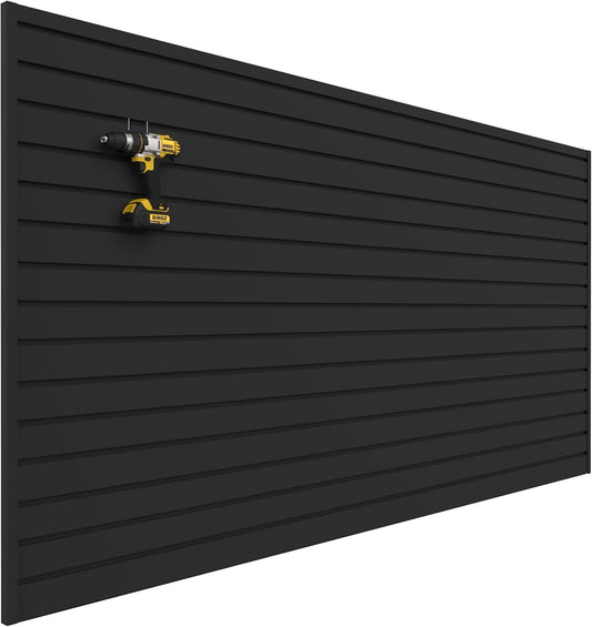 Slatwall Panel Garage Wall Organizer: Heavy Duty Wall Mounted PVC Wall Rack, Interlocking Slat Wall Paneling for Garage Wall Storage, Slatwall Board, Slatwall Shelves System -Black (4’H x 8’W)