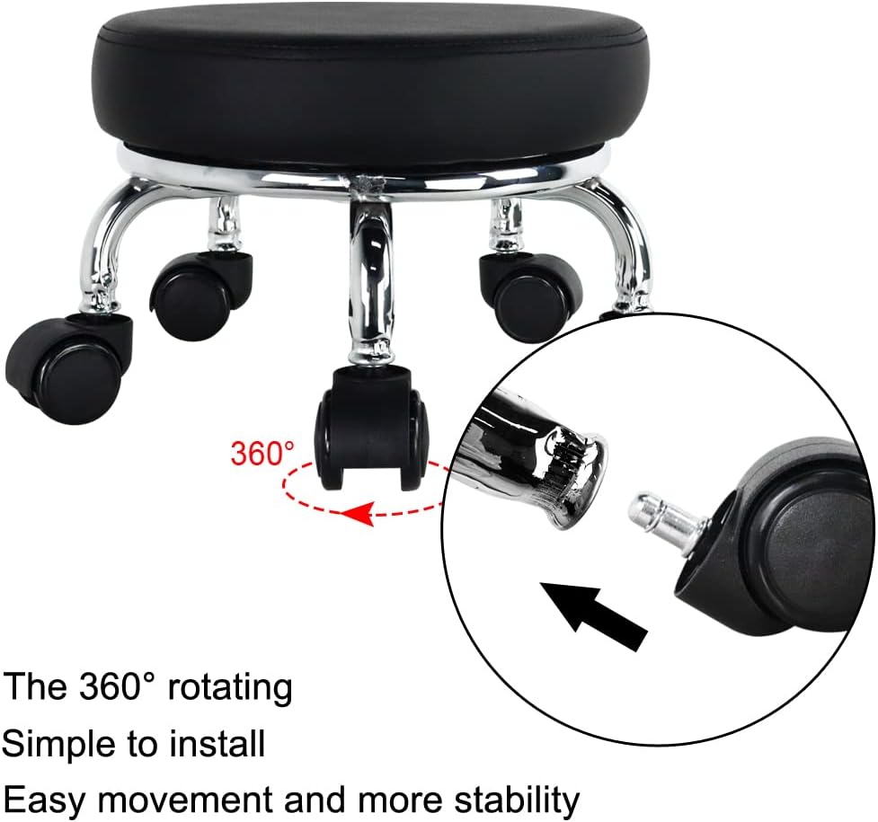 Modern Roller Seat PU Leather Low Round Rolling Stool 360 Swivel Small Stool with Universal Caster Wheels for Home Office, Garage, Shop, Fitness, Sport (H: 8.6", Black)