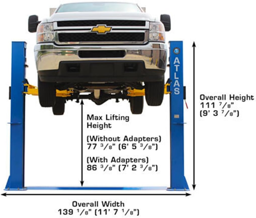 ATLAS Automotive Equipment BP10000X 2-Post Commercial Grade Vehicle Lift, Baseplate, Open-top Style, 9’6” Minimum Ceiling Height, 10,000lb Capacity, Super Symmetric Arms, for Low Ceiling Garage Use