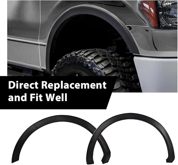 4PCS Fender Flares Fit Ford F150 Style Side w/ 67.0" / 78.8" / 97.4" Bed Length Models 2009-2014, Not Fit Platinum and Raptor Model Textured Factory Style Wheel Trim 9L3Z16038A, 9L3Z16038B, 9L3Z16039B