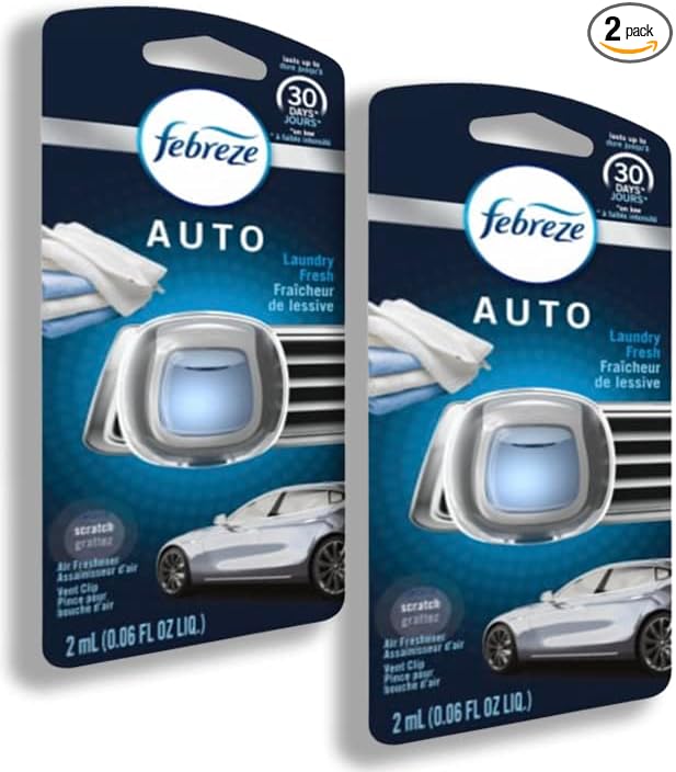 Febreze Car Vent Clip Air Freshener, Odor Eliminator for Strong Odors, Up to 30 Days Freshness, Laundry Fresh, 2 Packs