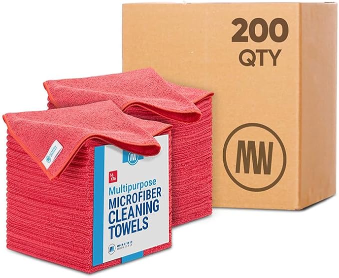 Microfiber Wholesale Bulk 16" x 16" All Purpose Towels Case Quantity (200 Count) | Large | No Fraying | High Density Microfiber | Zero Chemical Cleaner | Long-Lasting (Red)