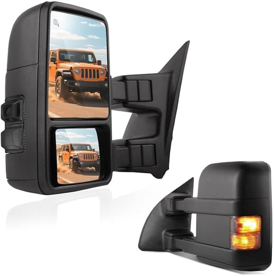 DWVO Tow Mirrors Compatible with 1999-2007 Ford F250 F350 F450 F550 Super Duty & 2000-2005 Excursion, 2-Piece of Towing Mirrors with Amber Turn Signal & Power Heated, Folding Side Mirror, Direct Fit