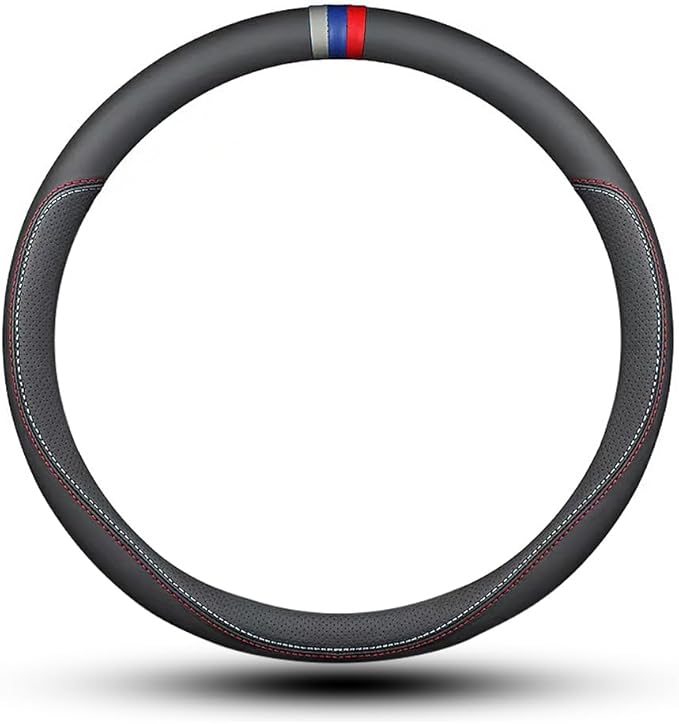 Carodi Latest Nappa Leather car Steering Wheel Cover, Stylish Non-Slip Leather car Interior 15 inches Universal Black(red and Blue Signs)