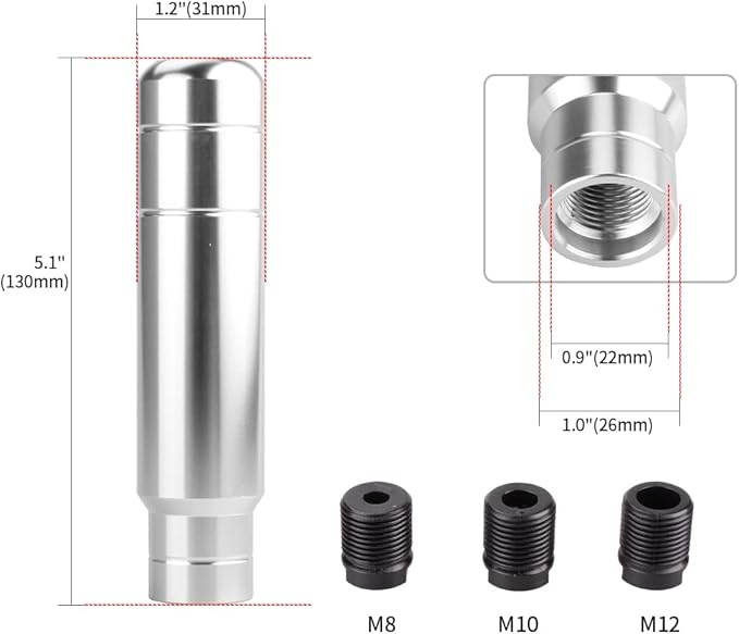 BARTOO Aluminum Weighted Manual Shift knobs, Long Stick Shift Knob Gear Shifter Knobs, Car Accessories Lever Cover Head Universal Shifter Knobs with 3 Threaded Adapters (Silver)
