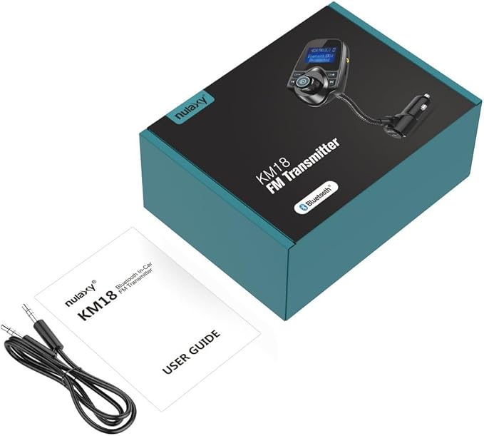 Nulaxy Bluetooth Car FM Transmitter Audio Adapter Receiver Wireless Handsfree Voltmeter Car Kit TF Card AUX 1.44 Display – KM18 Peacock Blue