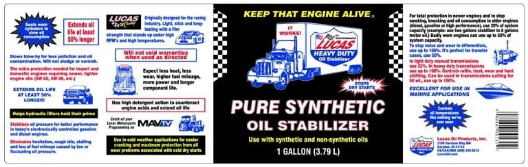 Lucas Oil Motor Additive, Pure Synthetic Oil Stabilizer, Synthetic, 1 gal Jug, Each