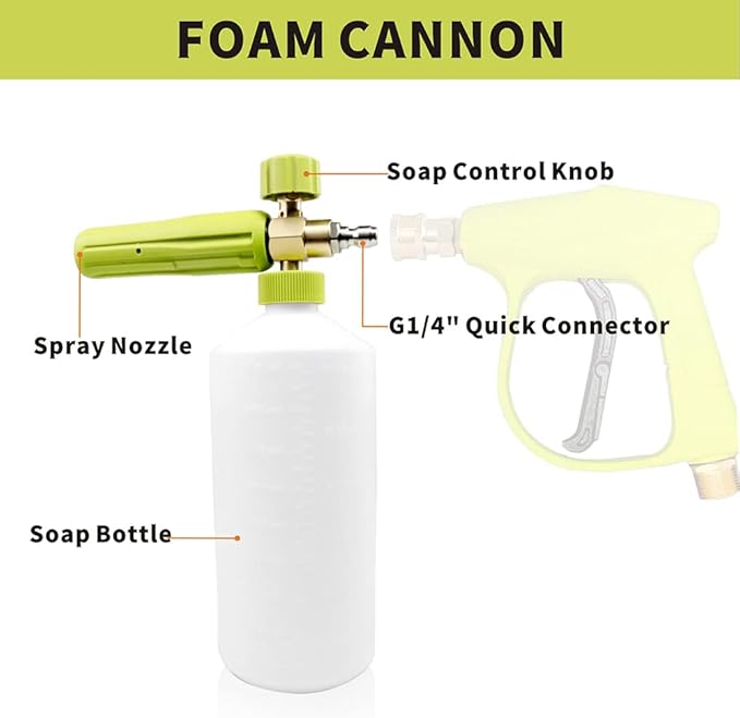 Foam Cannon 1 L Bottle Car Wash Snow Foam Lance with 1/4" Quick Connector Pressure Power Jet Washer Quick Release Adjustable Nozzle