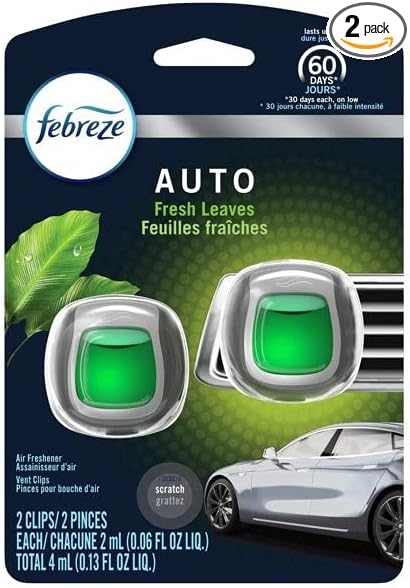 Febreze Car Vent Clip Air Freshener, Odor Eliminator for Up to 30 Days Freshness, 2 Clips (Fresh Leaves)