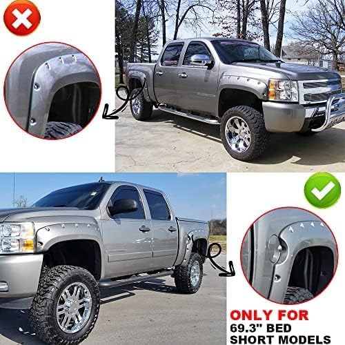 PIT66 Fender Flares, Fit 07-13 Chevy Silverado 1500 (ONLY Fit 5'8" Bed, NOT Fit 6.5'/8' Bed, NOT FIT Z71,Not Fit GMC Sierra) Riveted Style Paintable Smooth Matte Black Pocket Wheel Flares Set, 4 Pcs