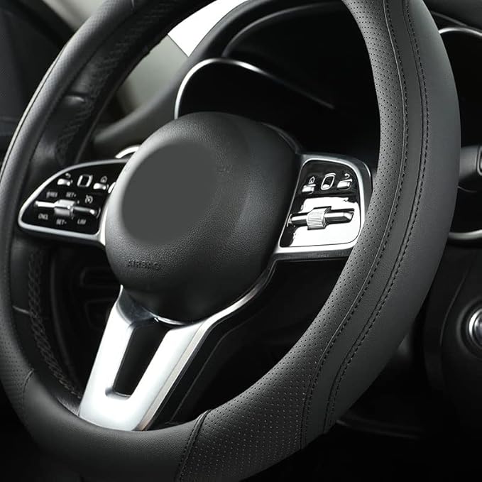 Car Steering Wheel Cover, Leather Steering Wheel Cover Black Universal 14.5-15 Inch Microfiber Leather Anti-Slip Breathable Auto Steering Wheel Covers Accessories for Men Women