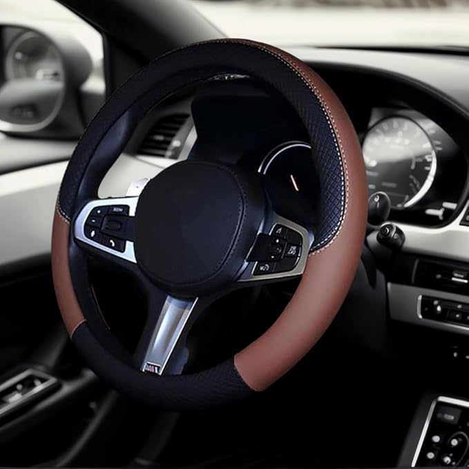 SHIAWASENA Car Steering Wheel Cover, Leather, Universal 15 Inch Fit, Anti-Slip & Odor-Free (Black&Brown)
