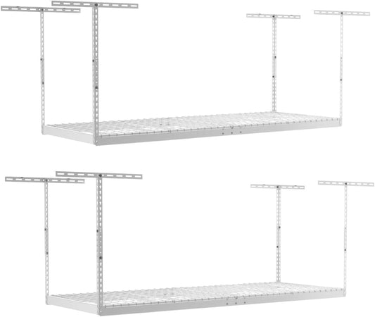 MonsterRax Overhead Garage Storage Racks 3x8’ (2-Pack) Ceiling Mounted Shelving, Adjustable Hanging Organizer, Heavy Duty Steel, Holds 500 Pounds, Color: White, Adjustable from 12"-21” off the Ceiling