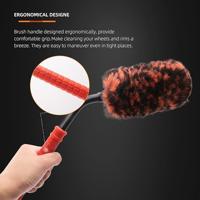 SPTA Angled Car Wheel Brush Set, 2Pcs Car Detailing Cleaning Brush Synthetic Wool Rim Cleaner Brush, Flat Spoke Brush, Metal Free Rim Tire Detail Brush, Remove Brake Dirt Behind Your Rim Accessories