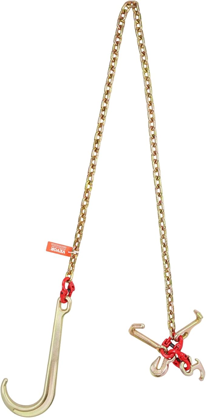 VEVOR J Hook Chain, 5/16" x 6' G80 15" Long Shank J Hook Tow Chain with RTJ Cluster Hook & Grab Hook, 5400 lbs Safe Working Load, Heavy Duty Transport Truck Chain for Wrecker Recovery Trailer Towing