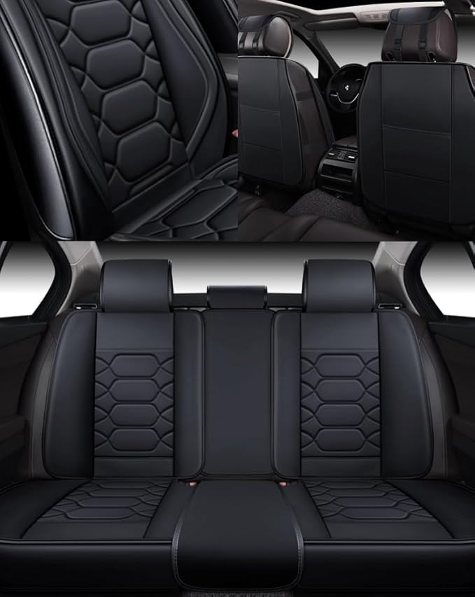OASIS AUTO Car Seat Covers Full Set, Waterproof Faux Leather Seat Covers for Cars Universal Fit for SUV, Truck, Sedan, Black Premium Car Seat Protector with Front & Back Cushions