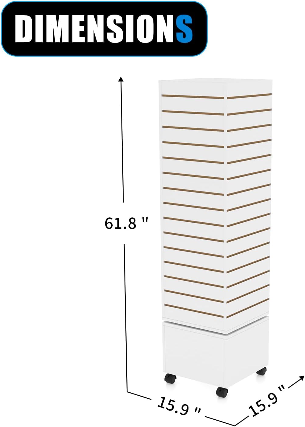 WISDOMFUR Rotating Slatwall Display Rack – 16"x16"x60" White Spinning Tower with Wheels – Retail Display Fixture for Accessories, Hooks & Shelves