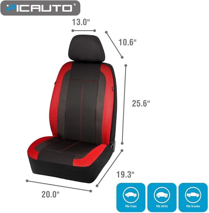 PIC AUTO Low Back Car Seat Covers - Sports Carbon Fiber Mesh Design, Two Front Set, Airbag Compatible, Universal Fit for Most Cars (Red)