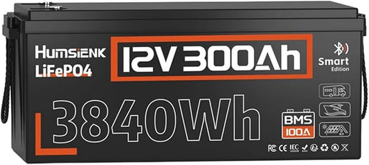 HumsiENK Bluetooth 12V 300Ah Battery LiFePO4 Lithium Built-in 100A BMS, 15000 Deep Cycles Battery 3840Wh with Low-Temp Protection for RV Marine Trolling Motor Home Energy Storage Off-Grid Living