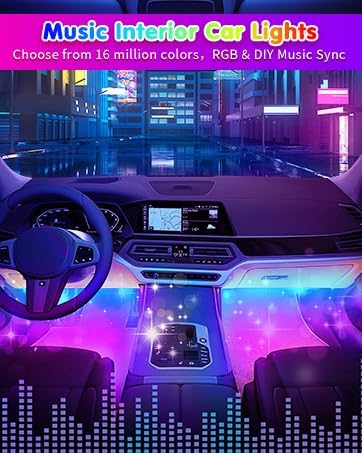 RGB Interior Car Strip Lights with Smart APP Control, Music Sync Under Dash Footwell Neon Internal Lighting Kit 2 Lines Design,12V LED Strip Lights for Cars, Trucks, SUVs with Car Charger(1 Set)
