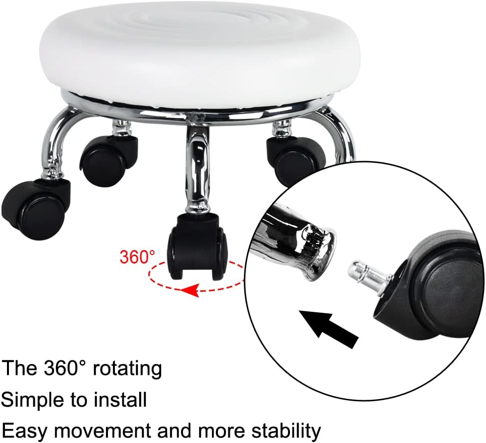 Modern PU Leather Low Round Rolling Stool - 360 Swivel with Universal Caster Wheels, Small Stool for Home Office, Garage, Shop, Fitness, Sport - H:8.4' White