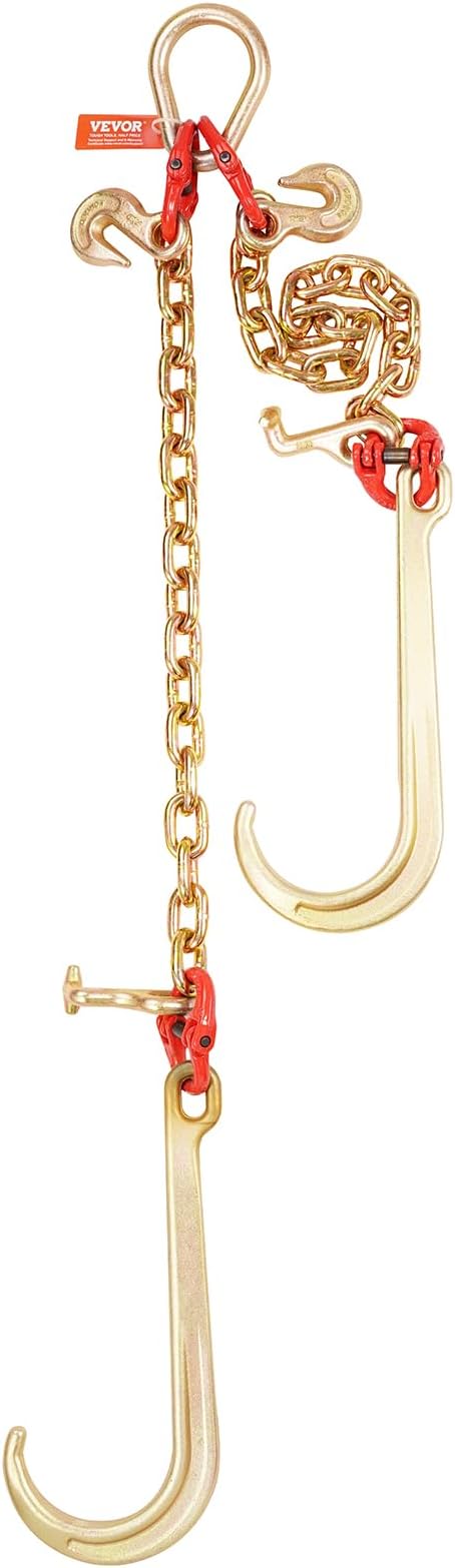 VEVOR G80 V Bridle Chain, 3/8" x 2' Towing Chain Bridle with 15" J Hooks, T Hooks & Grab Hooks, Heavy Duty Transport Tow Chain Bridle with 7800 lbs Safe Working Load for Flatbed Truck Wrecker Recovery