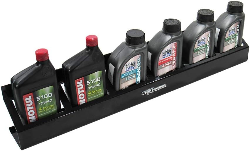 Pit Posse 304BK Six Quart Oil Can Rack Holder 32" Caddy Wall Hanger Aluminum Shelf - Made in USA - Holds 6 Quarts of Motor Engine Oil - Enclosed Race Trailer Shop Garage Storage Organizer (Black)